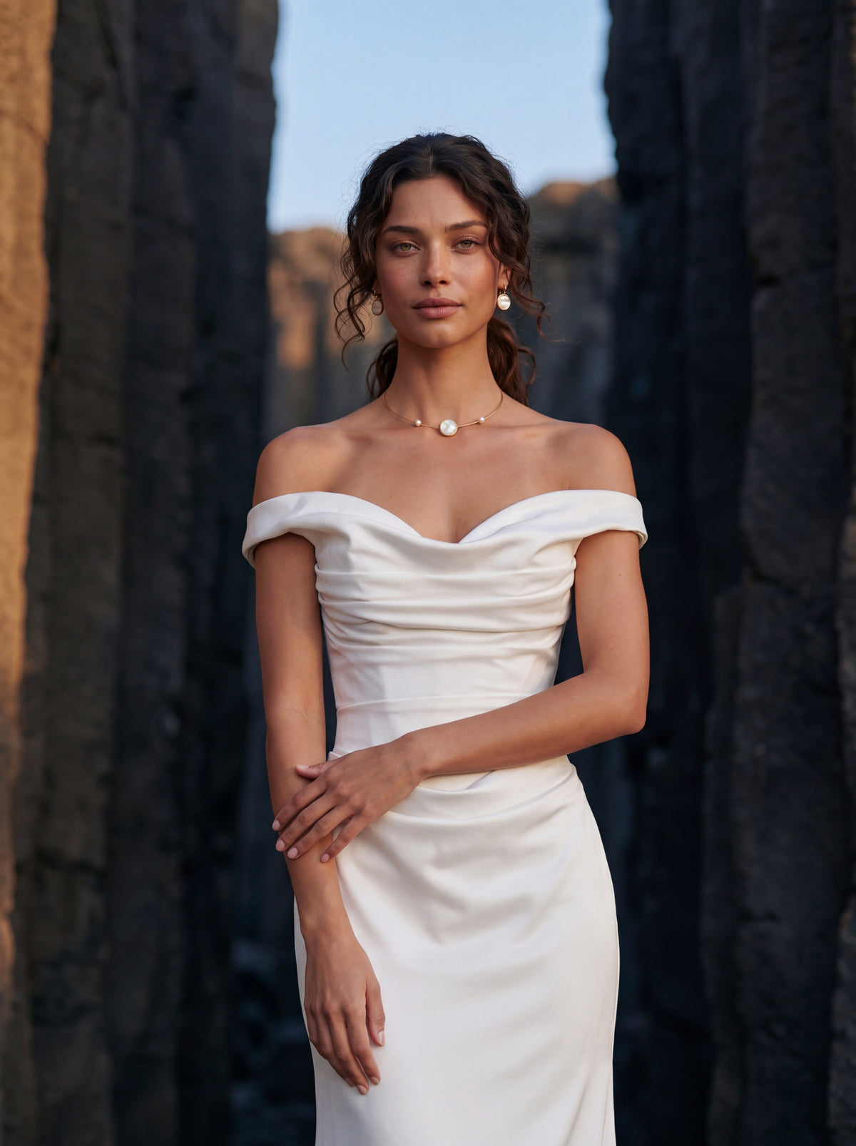 Satin Mermaid Wedding Dress with Off-Shoulder Neckline — Illusion 2027, photograph 3