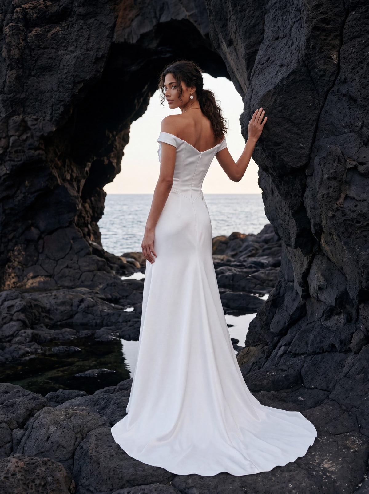 Satin Mermaid Wedding Dress with Off-Shoulder Neckline — Illusion 2027, photograph 4