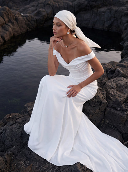 Satin Mermaid Wedding Dress with Off-Shoulder Neckline — Illusion 2027, photograph 6