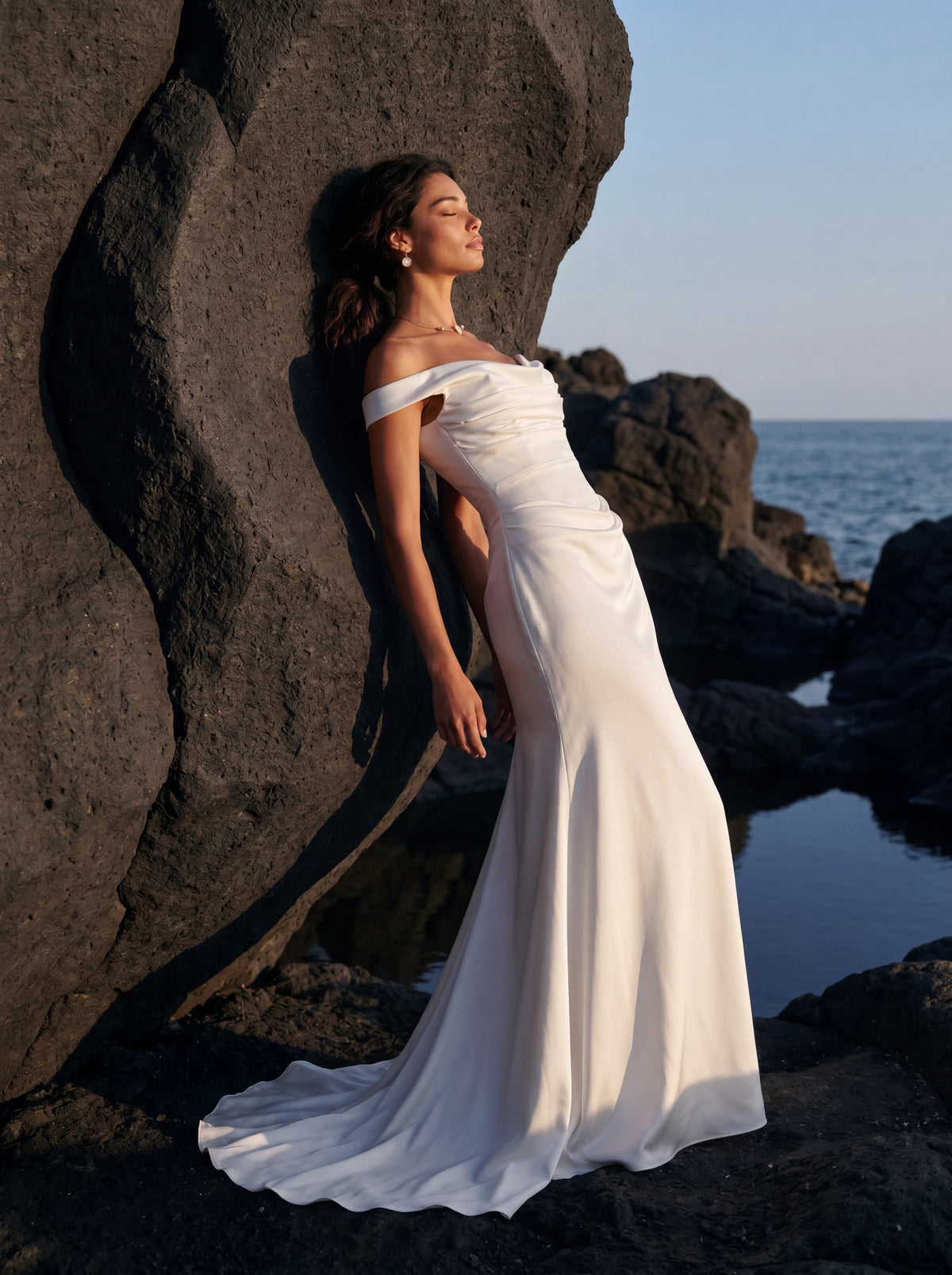 Satin Mermaid Wedding Dress with Off-Shoulder Neckline — Illusion 2027, photograph 7