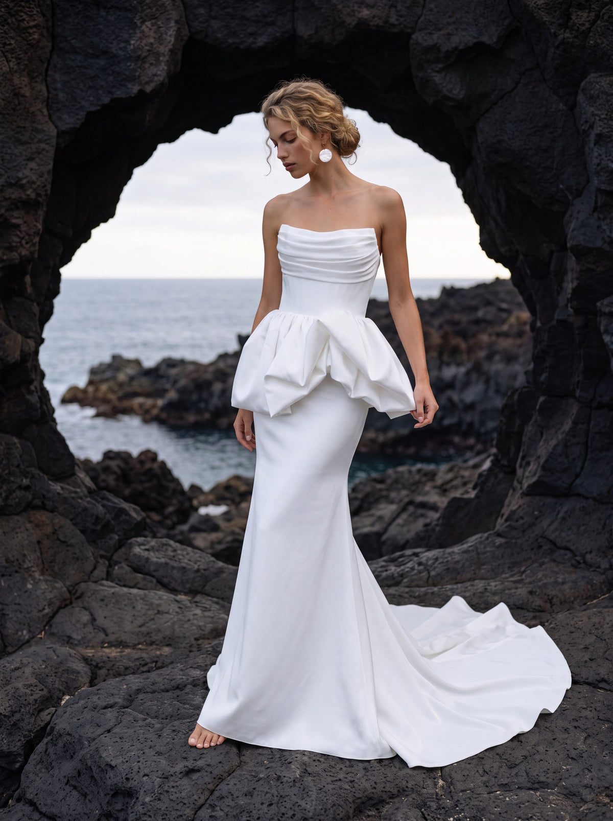 Satin Mermaid Wedding Dress with Sculptural Peplum — Illusion 2027, photograph 2