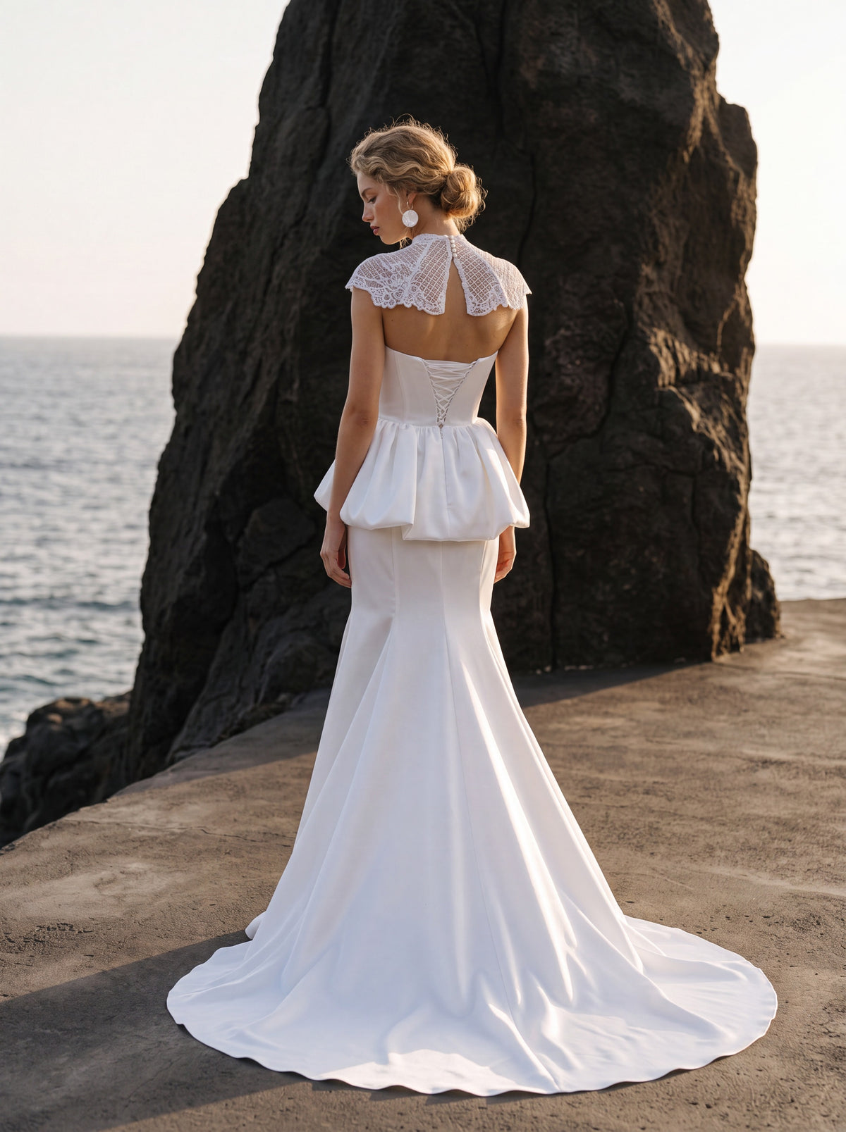 Satin Mermaid Wedding Dress with Sculptural Peplum — Illusion 2027, photograph 4