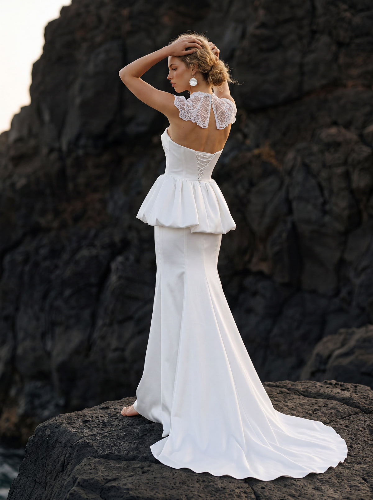 Satin Mermaid Wedding Dress with Sculptural Peplum — Illusion 2027, photograph 5
