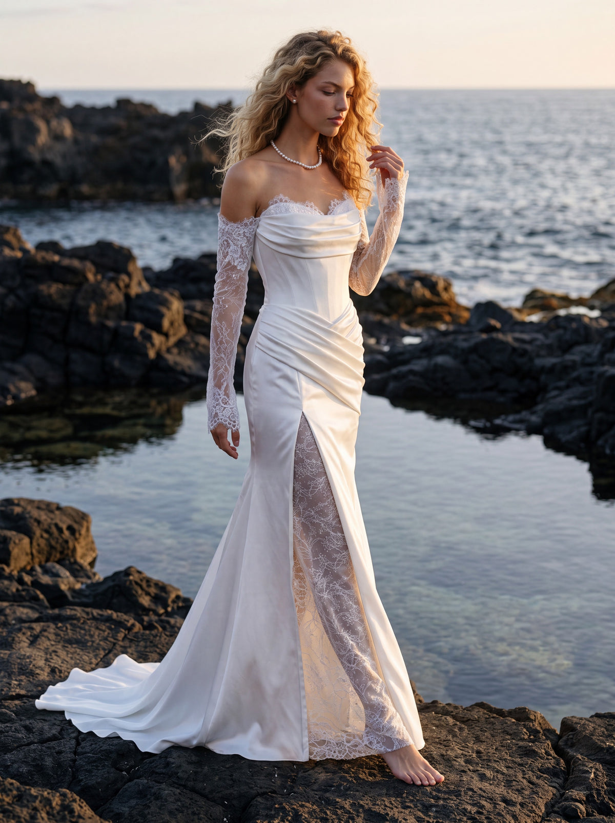 Satin Wedding Dress with Draped Bodice and Lace Slit Skirt — Illusion 2027, photograph 1