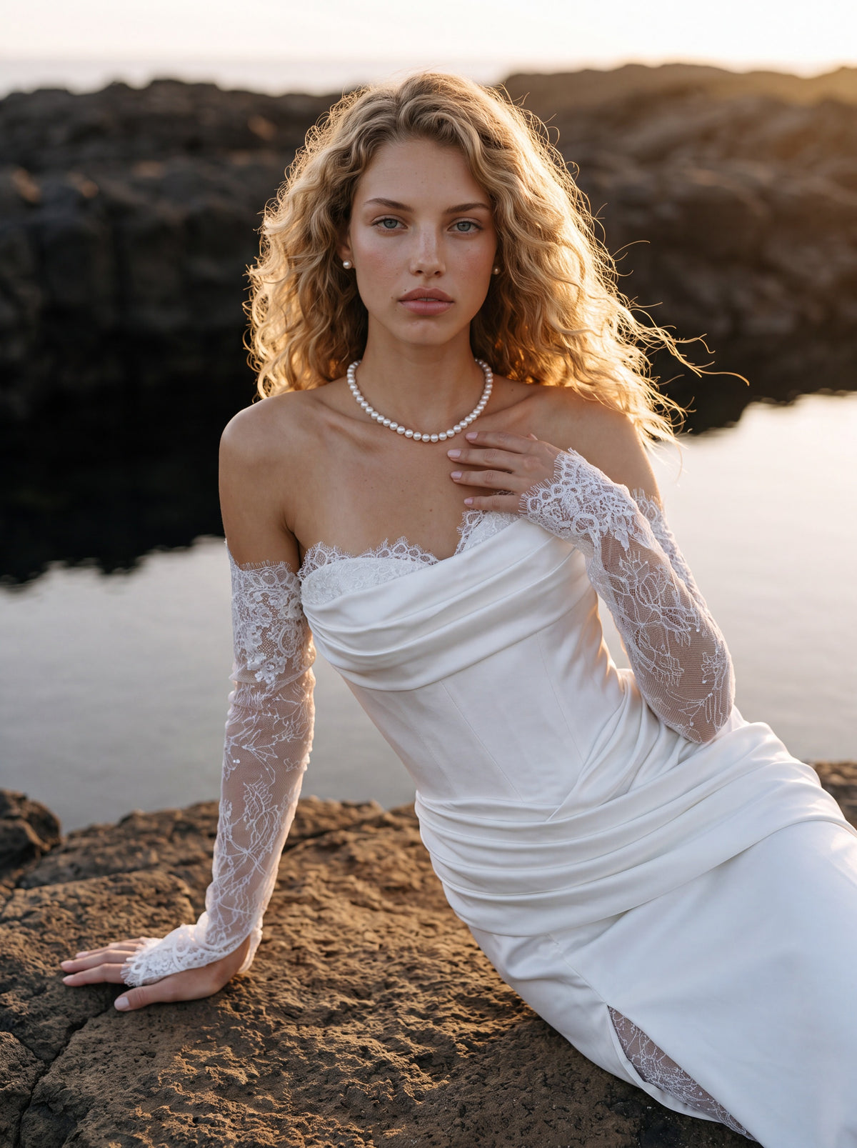 Satin Wedding Dress with Draped Bodice and Lace Slit Skirt — Illusion 2027, photograph 2