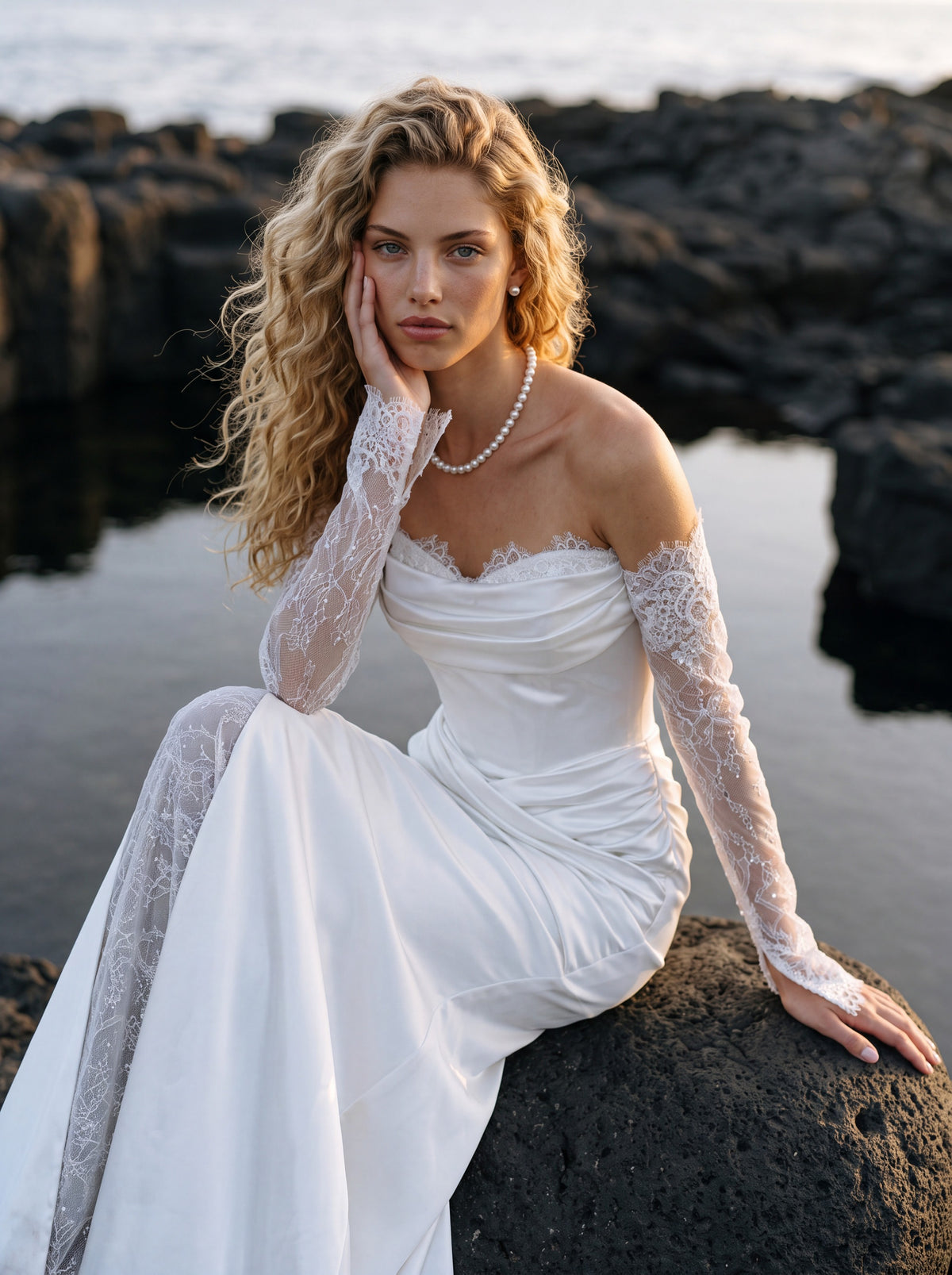 Satin Wedding Dress with Draped Bodice and Lace Slit Skirt — Illusion 2027, photograph 3