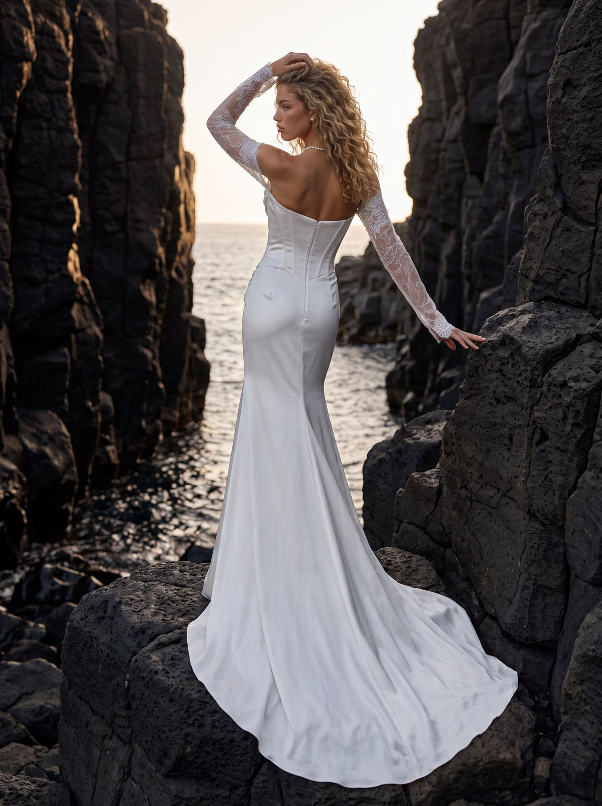 Satin Wedding Dress with Draped Bodice and Lace Slit Skirt — Illusion 2027, photograph 5