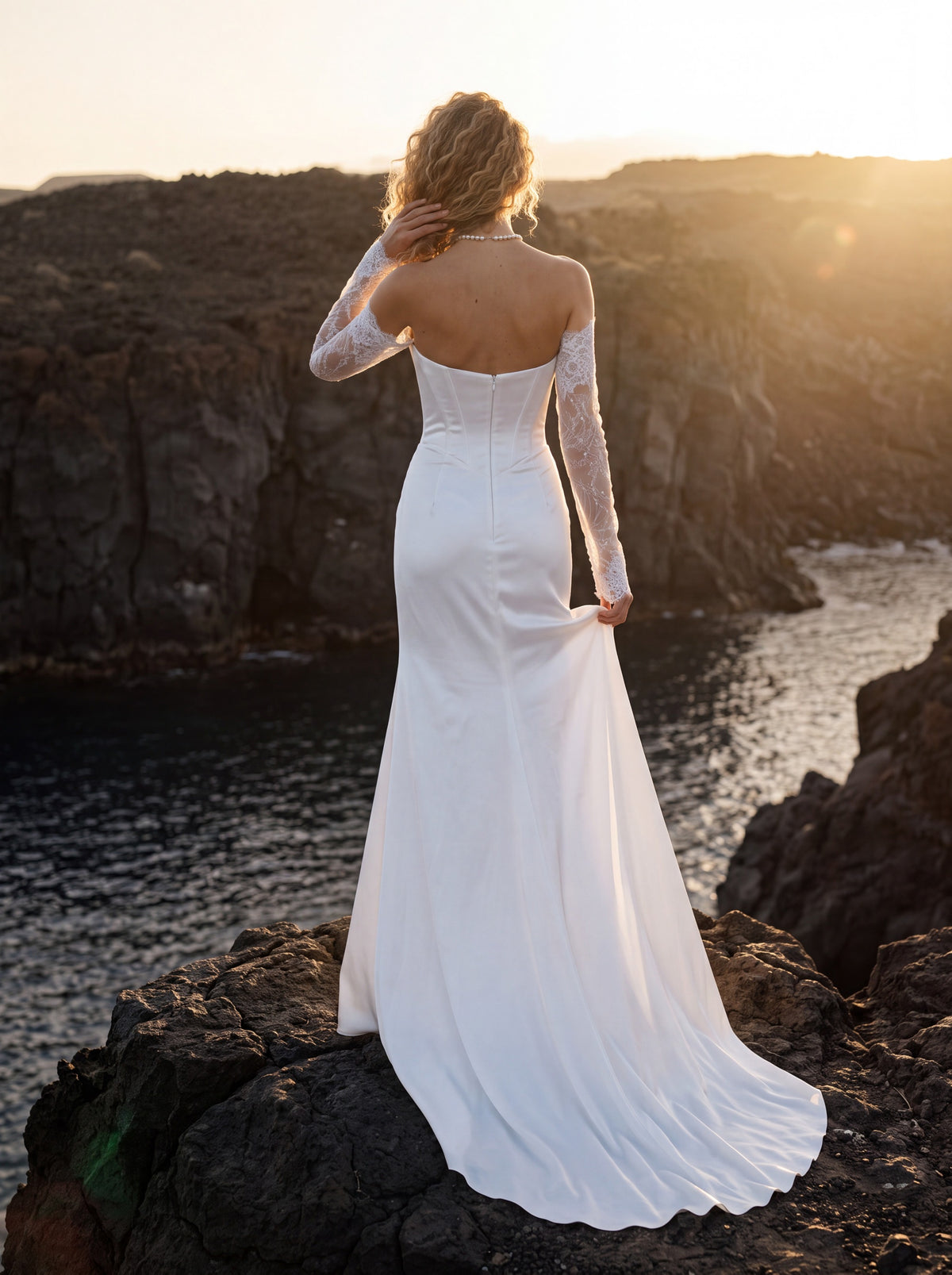 Satin Wedding Dress with Draped Bodice and Lace Slit Skirt — Illusion 2027, photograph 6