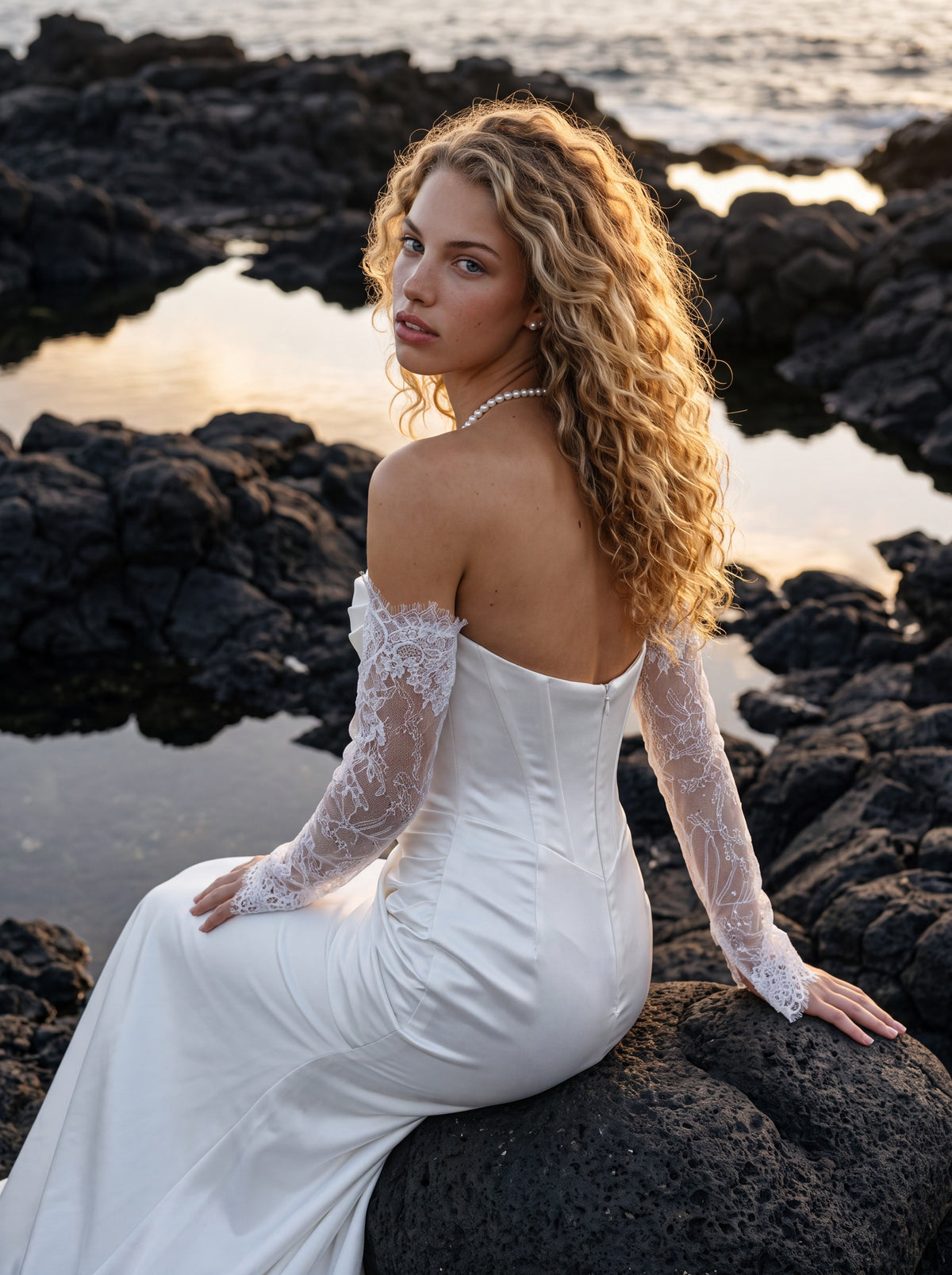 Satin Wedding Dress with Draped Bodice and Lace Slit Skirt — Illusion 2027, photograph 7