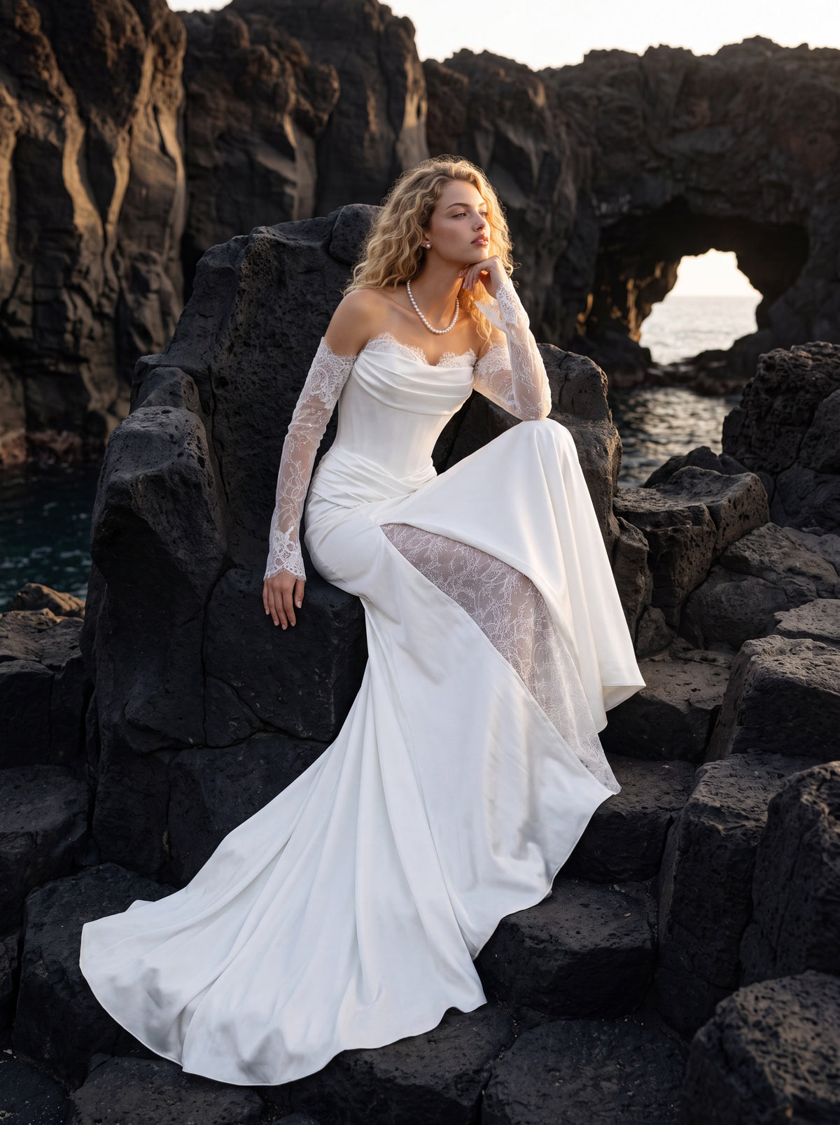Satin Wedding Dress with Draped Bodice and Lace Slit Skirt — Illusion 2027, photograph 9