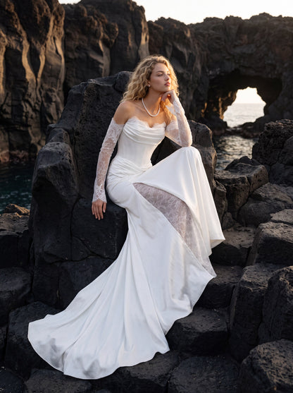 Satin Wedding Dress with Draped Bodice and Lace Slit Skirt — Illusion 2027, photograph 9