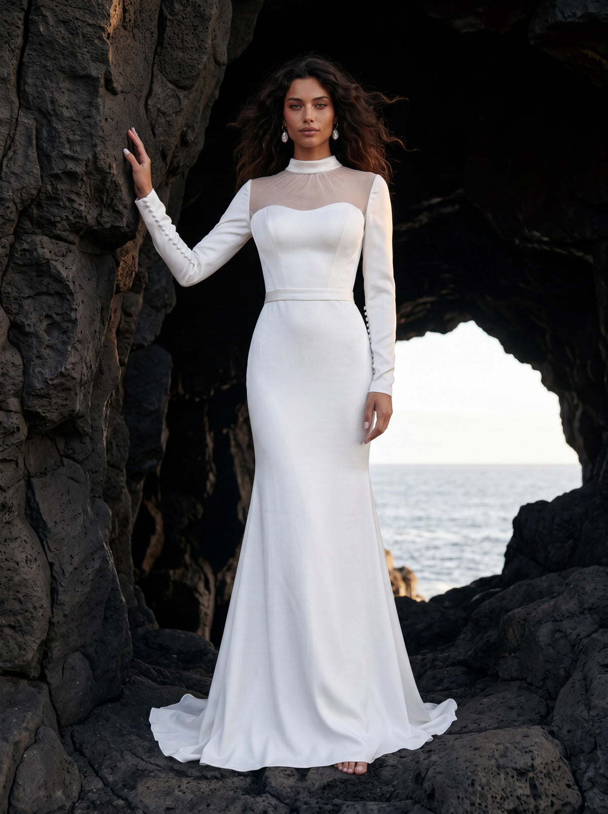 Satin Wedding Dress with Illusion High Neck and Long Sleeves — Illusion 2027, photograph 1