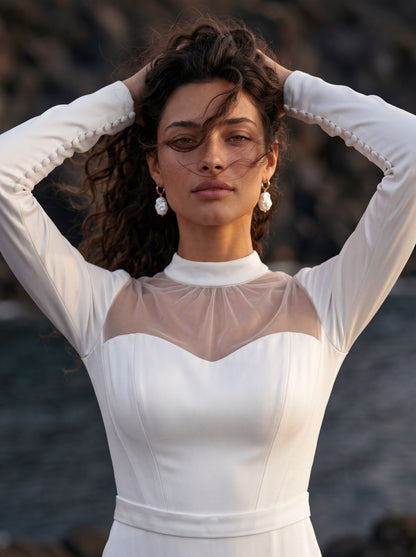 Satin Wedding Dress with Illusion High Neck and Long Sleeves — Illusion 2027, photograph 2