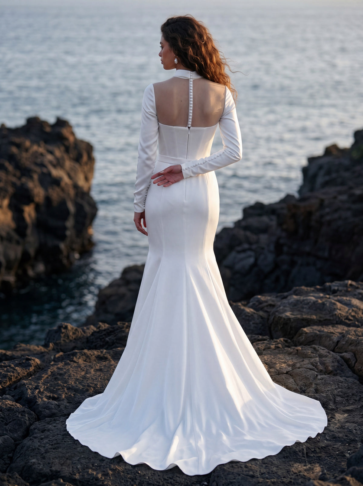 Satin Wedding Dress with Illusion High Neck and Long Sleeves — Illusion 2027, photograph 3