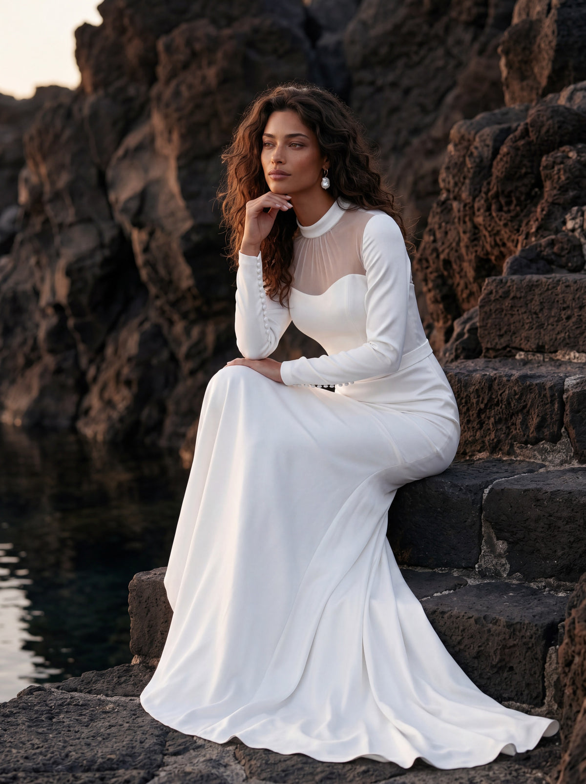 Satin Wedding Dress with Illusion High Neck and Long Sleeves — Illusion 2027, photograph 5