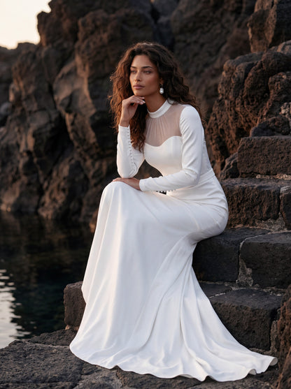Satin Wedding Dress with Illusion High Neck and Long Sleeves — Illusion 2027, photograph 5