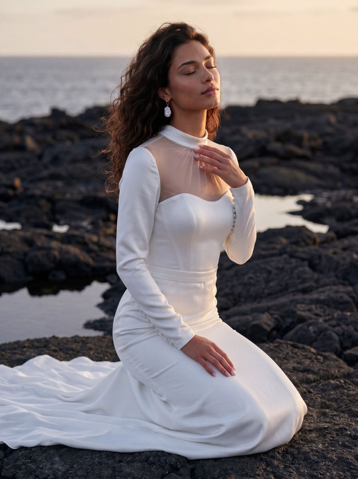 Satin Wedding Dress with Illusion High Neck and Long Sleeves — Illusion 2027, photograph 6