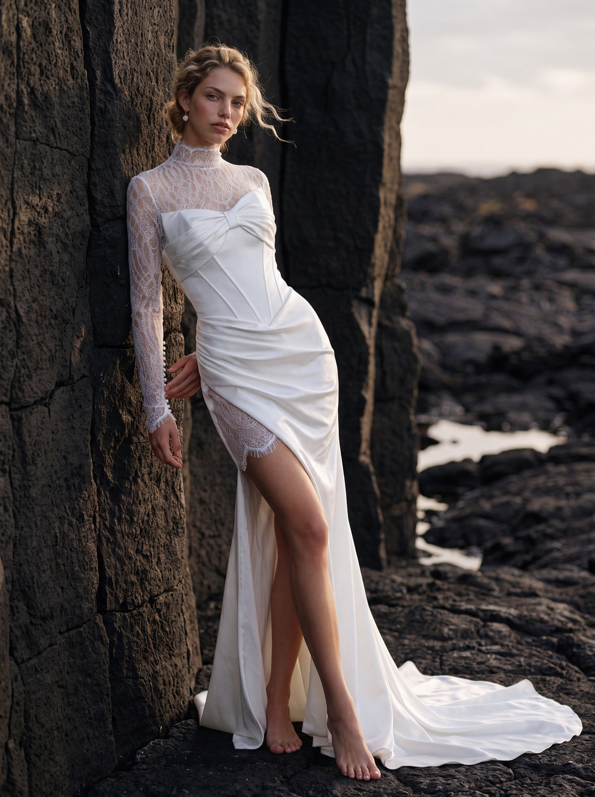 Satin Wedding Dress with Strapless Corset and Thigh Slit — Illusion 2027, photograph 1