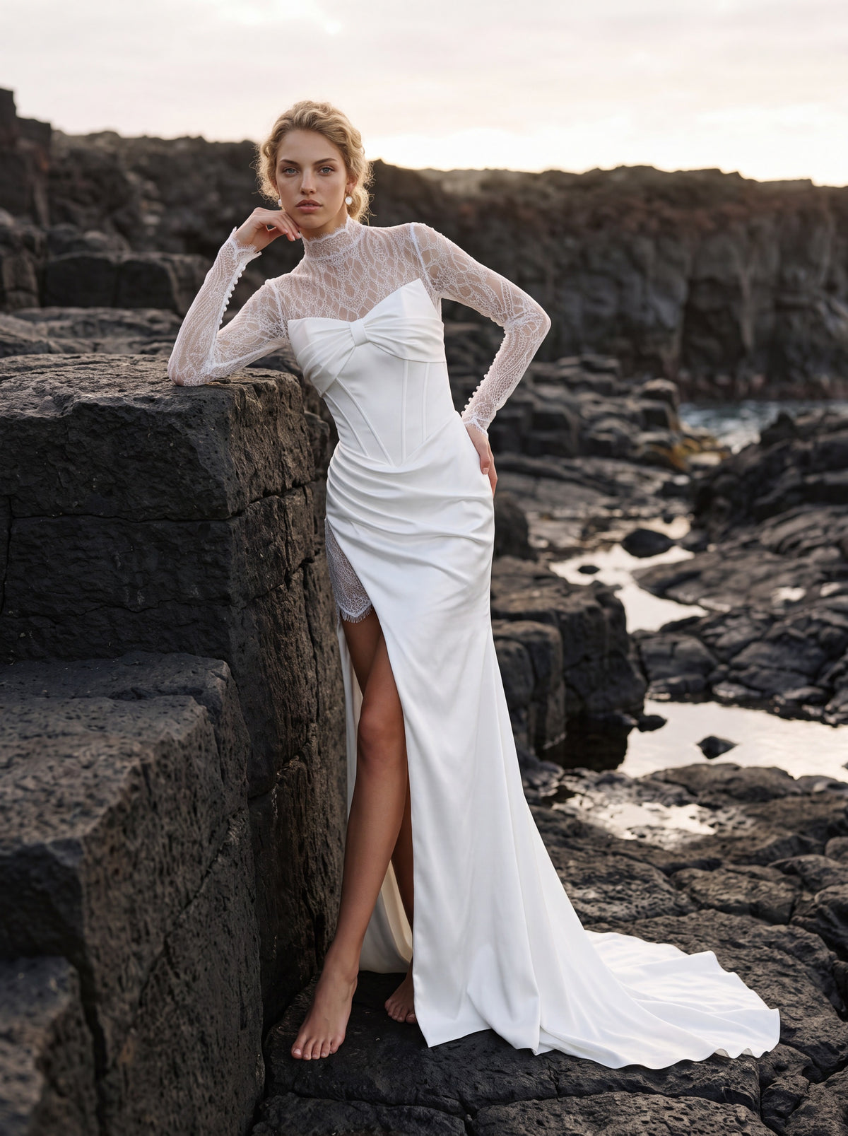 Satin Wedding Dress with Strapless Corset and Thigh Slit — Illusion 2027, photograph 9