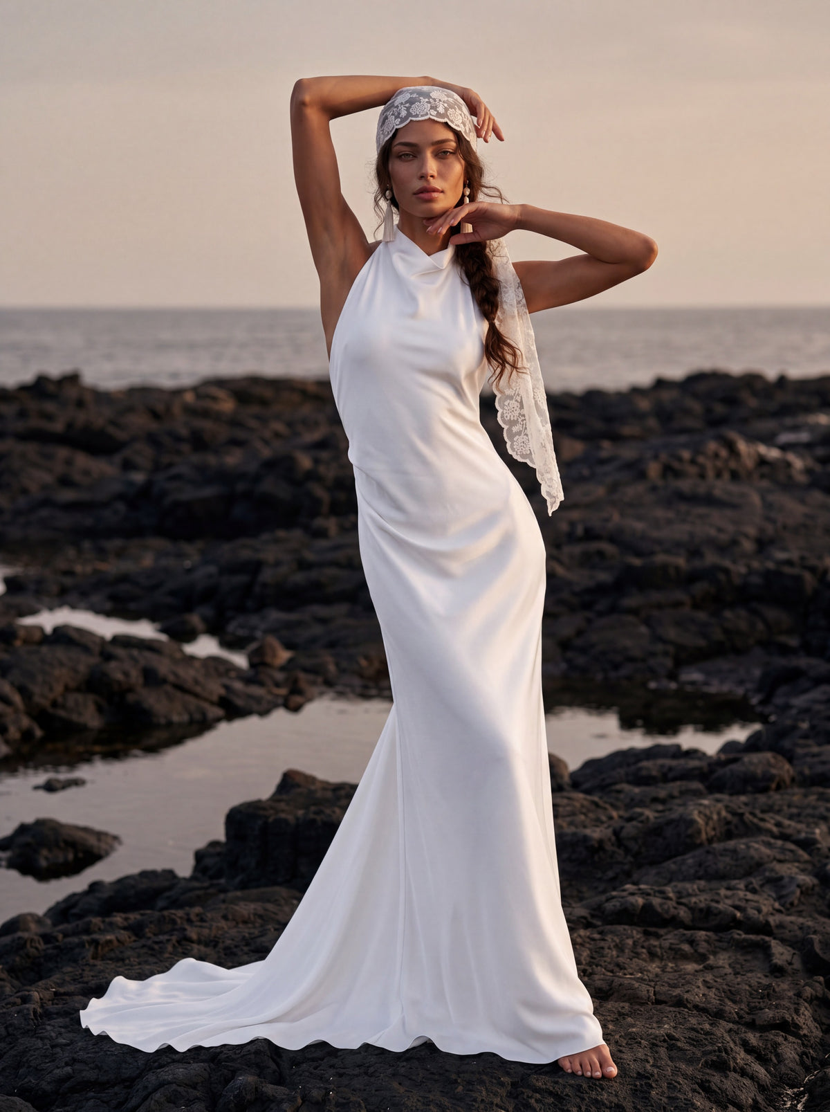 Silk Halter Wedding Dress with Draped Fitted Skirt — Illusion 2027, photograph 1