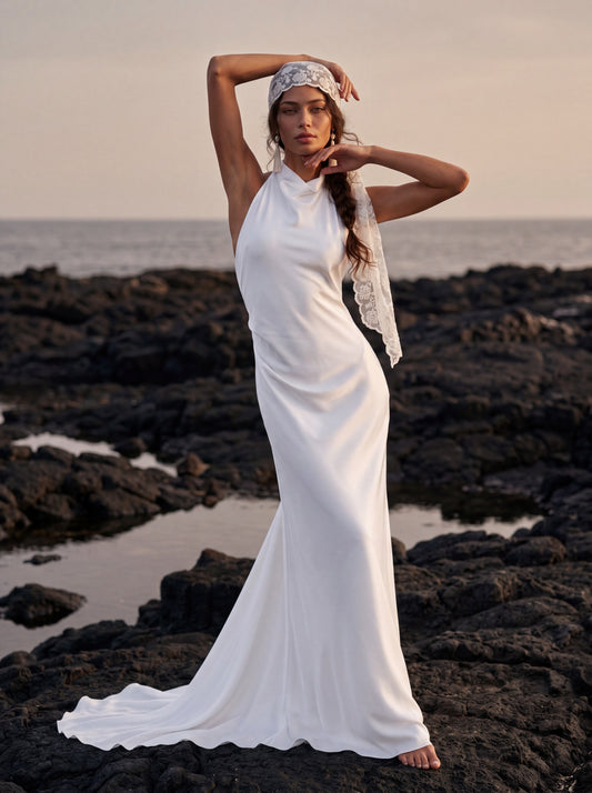 Silk Halter Wedding Dress with Draped Fitted Skirt — Illusion 2027, photograph 1