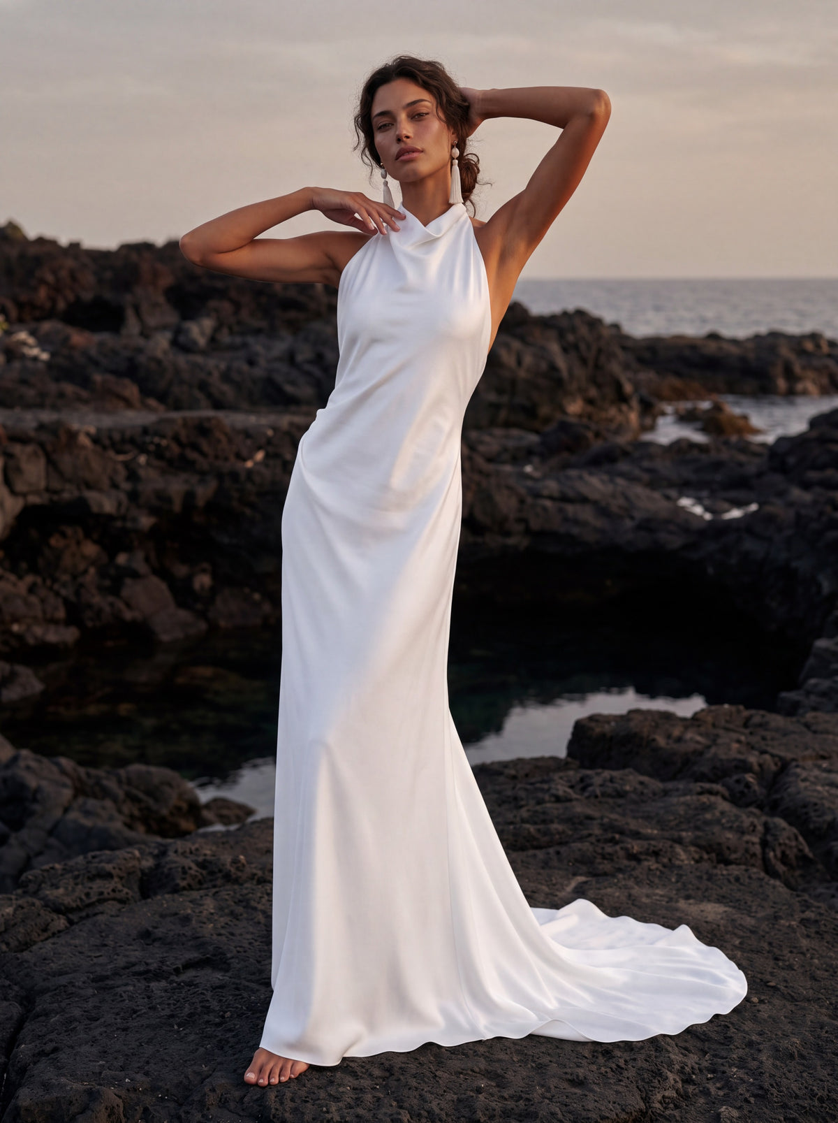 Silk Halter Wedding Dress with Draped Fitted Skirt — Illusion 2027, photograph 2
