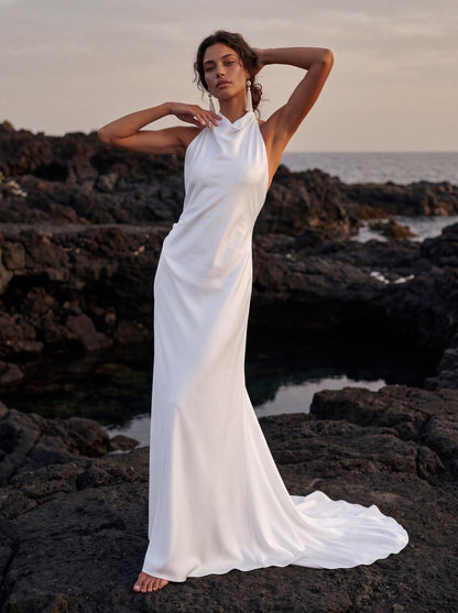 Silk Halter Wedding Dress with Draped Fitted Skirt — Illusion 2027, photograph 2