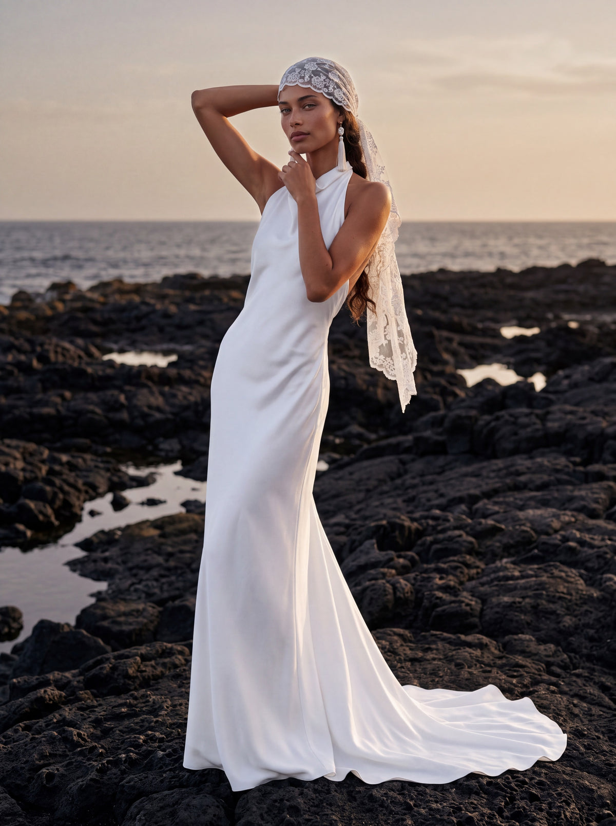 Silk Halter Wedding Dress with Draped Fitted Skirt — Illusion 2027, photograph 3