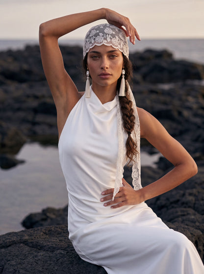 Silk Halter Wedding Dress with Draped Fitted Skirt — Illusion 2027, photograph 5