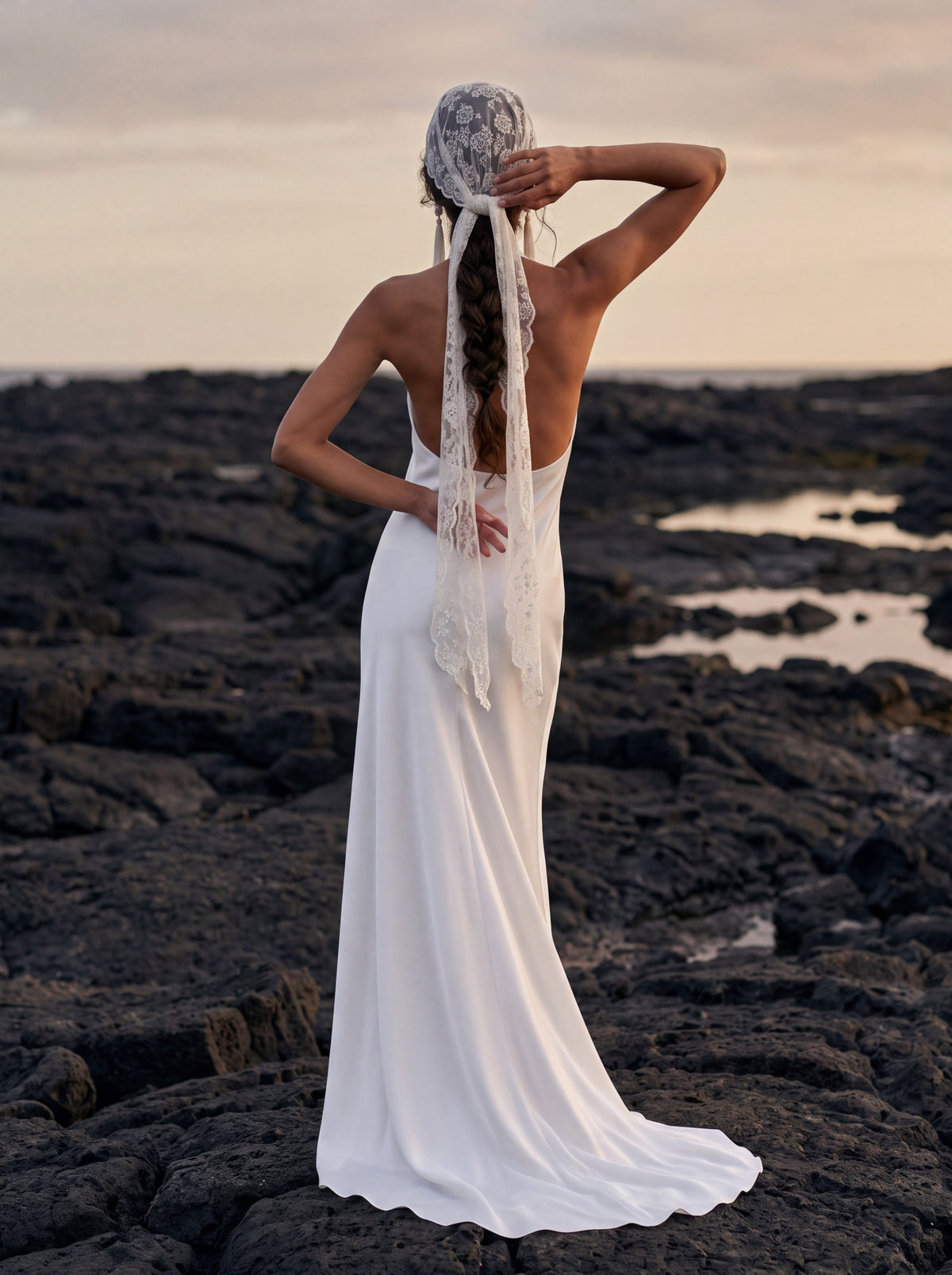 Silk Halter Wedding Dress with Draped Fitted Skirt — Illusion 2027, photograph 6