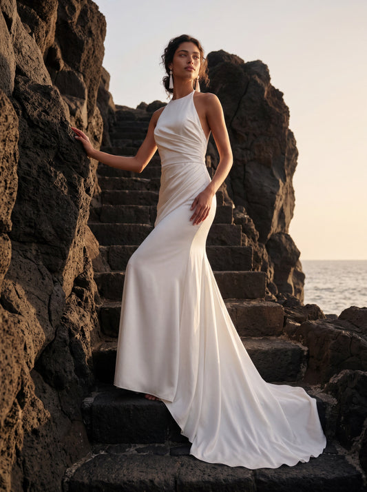 Silk Halter Wedding Dress with Draped Mermaid Skirt — Illusion 2027, photograph 1