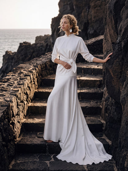 Silk Wedding Dress with High Neck and Long Sleeves — Illusion 2027, photograph 1