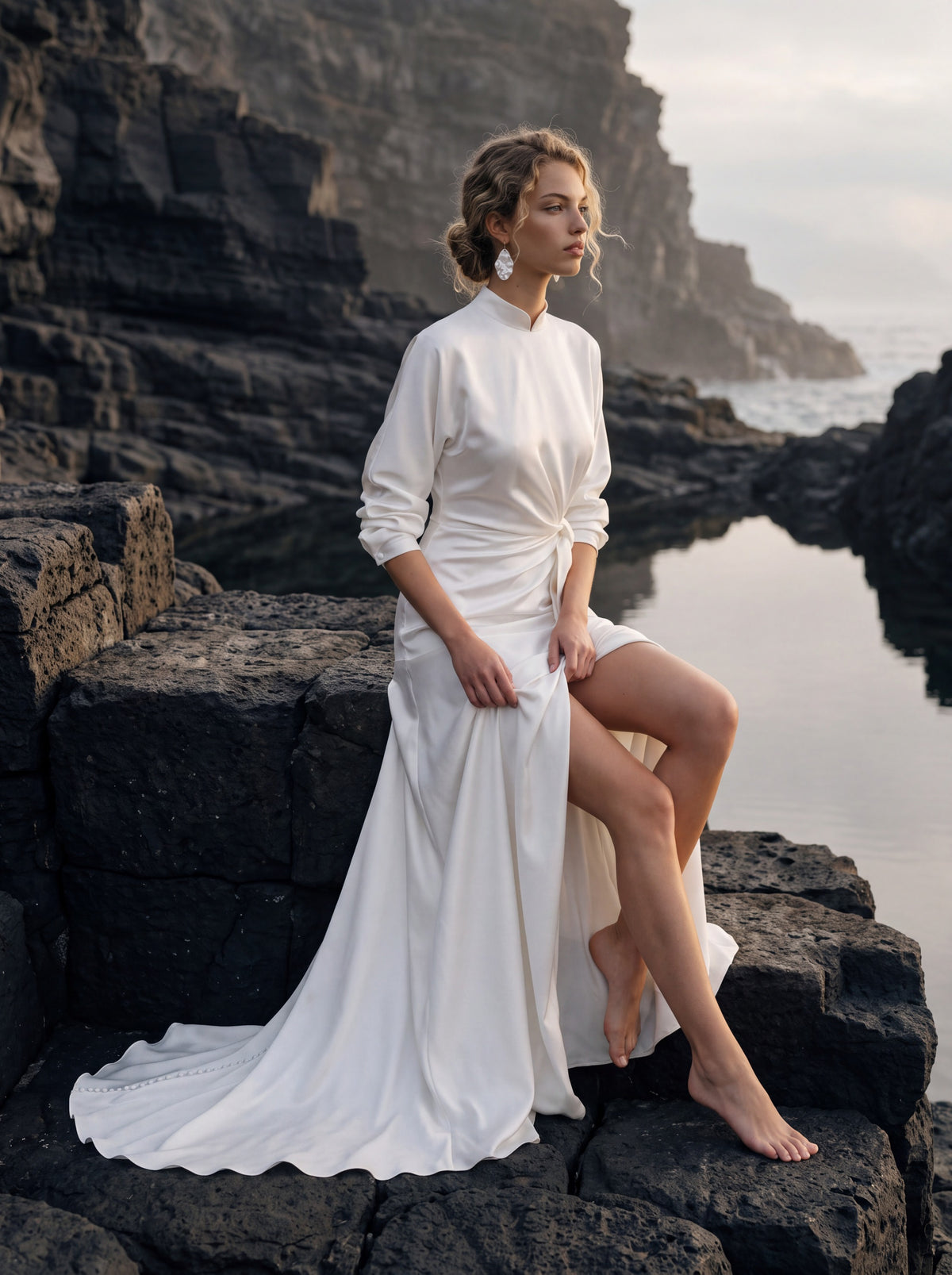 Silk Wedding Dress with High Neck and Long Sleeves — Illusion 2027, photograph 10