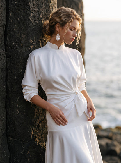 Silk Wedding Dress with High Neck and Long Sleeves — Illusion 2027, photograph 2