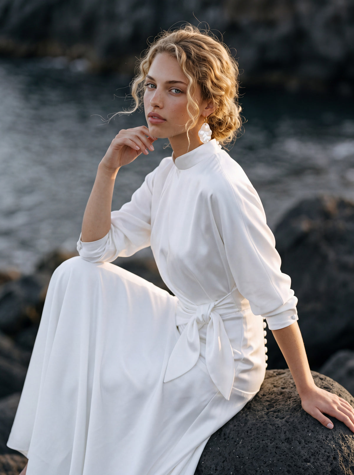 Silk Wedding Dress with High Neck and Long Sleeves — Illusion 2027, photograph 3
