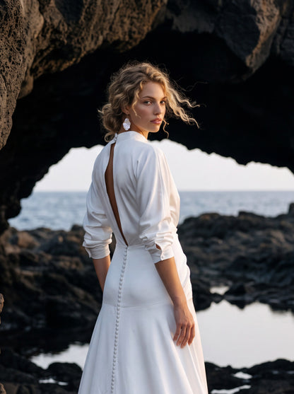 Silk Wedding Dress with High Neck and Long Sleeves — Illusion 2027, photograph 4
