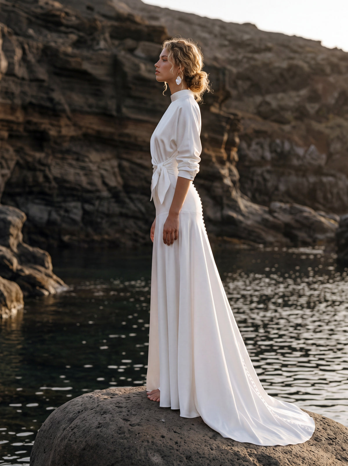 Silk Wedding Dress with High Neck and Long Sleeves — Illusion 2027, photograph 6