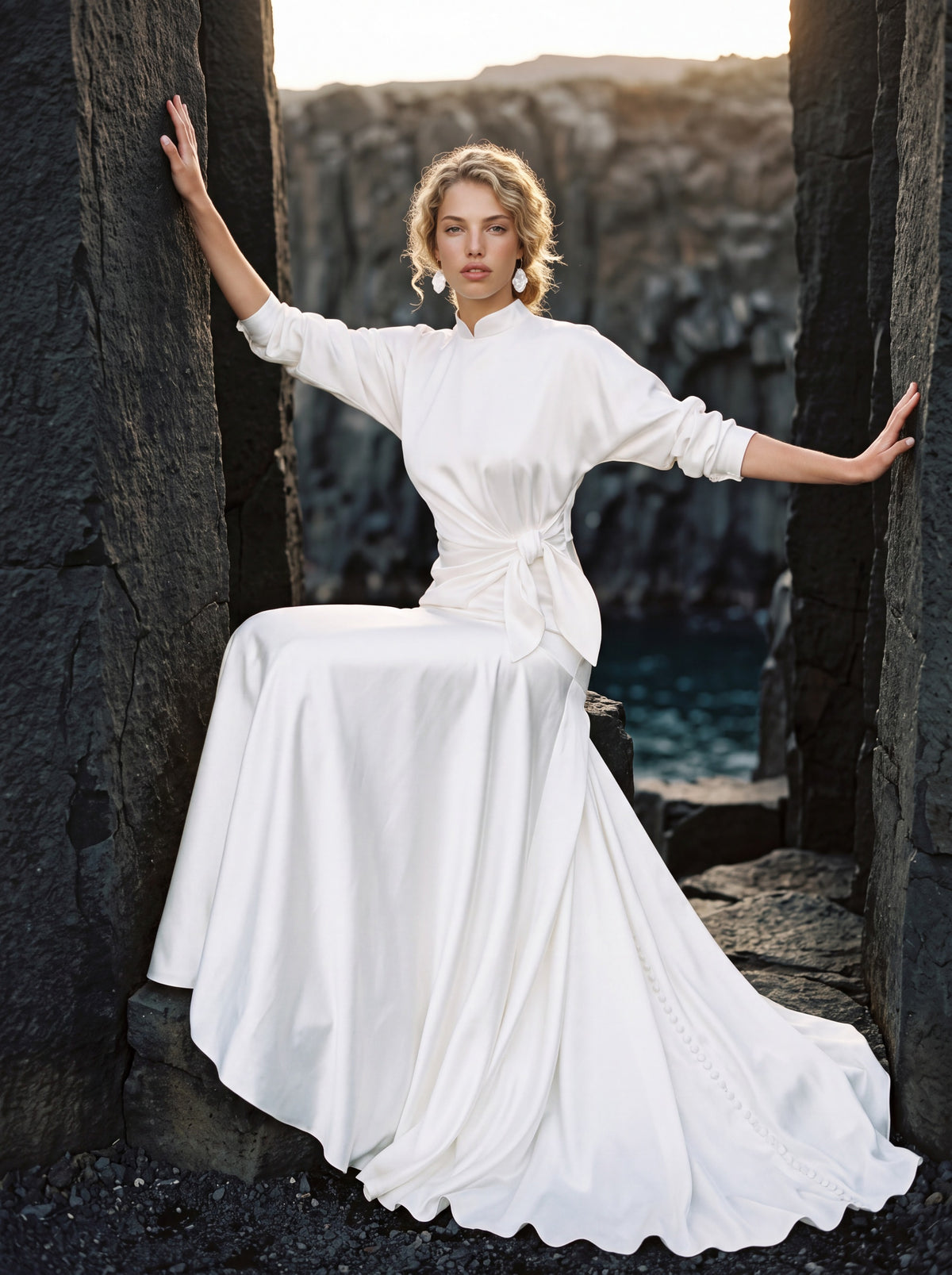 Silk Wedding Dress with High Neck and Long Sleeves — Illusion 2027, photograph 7