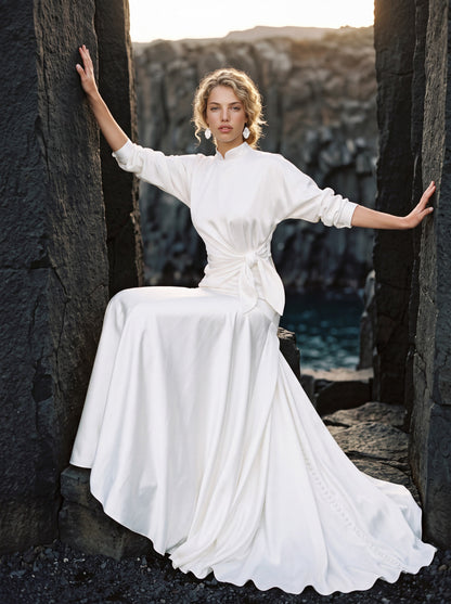 Silk Wedding Dress with High Neck and Long Sleeves — Illusion 2027, photograph 7