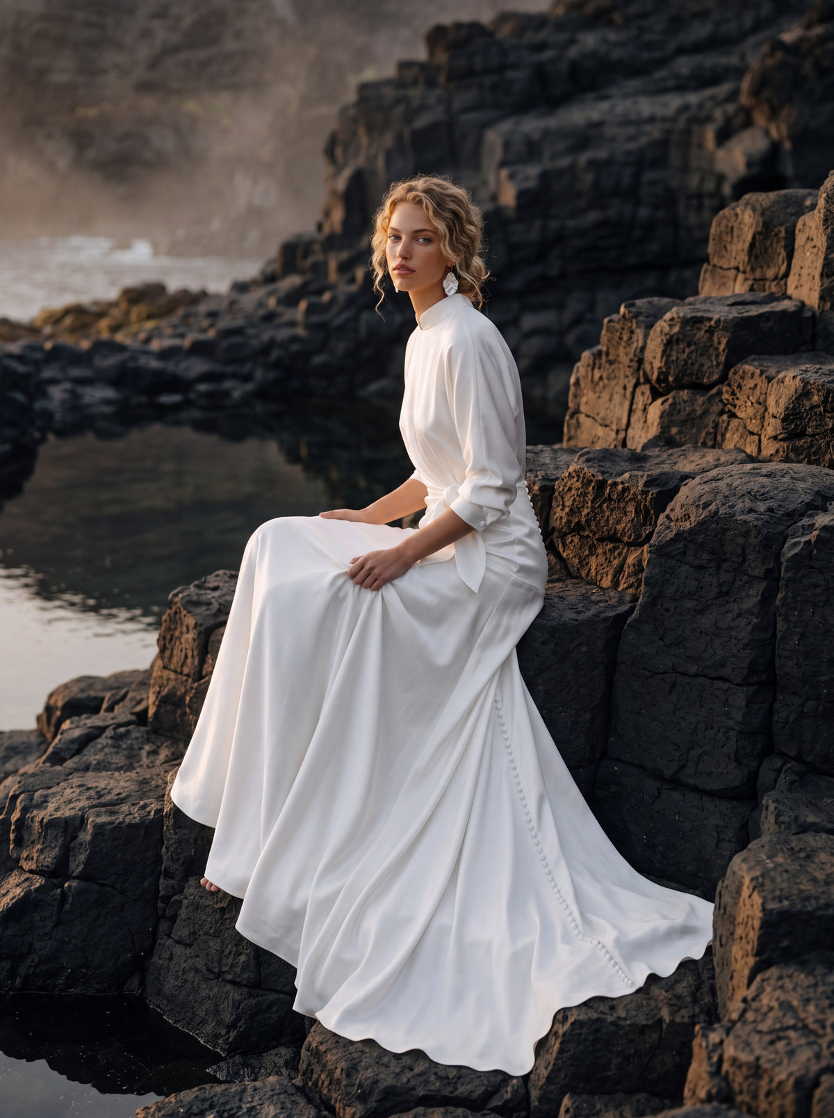 Silk Wedding Dress with High Neck and Long Sleeves — Illusion 2027, photograph 9