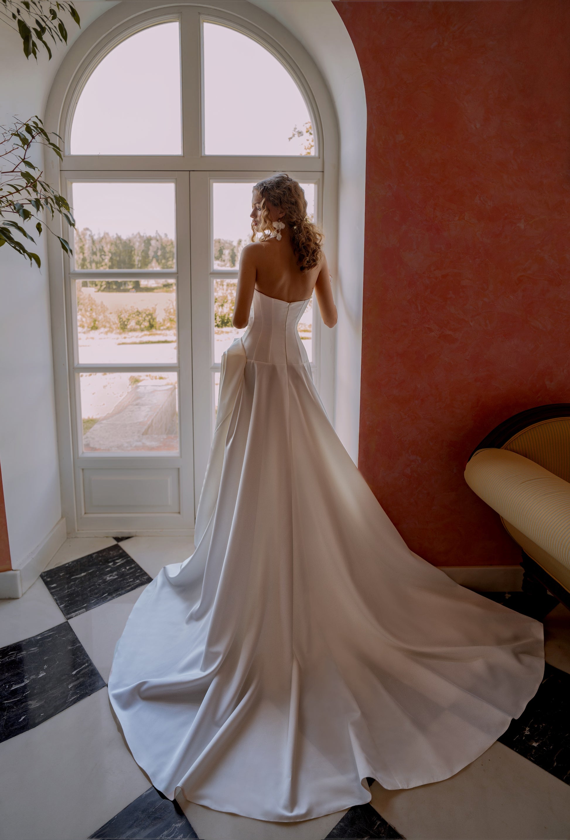 strapless matte mikado wedding dress with draped bodice and lace underskirt