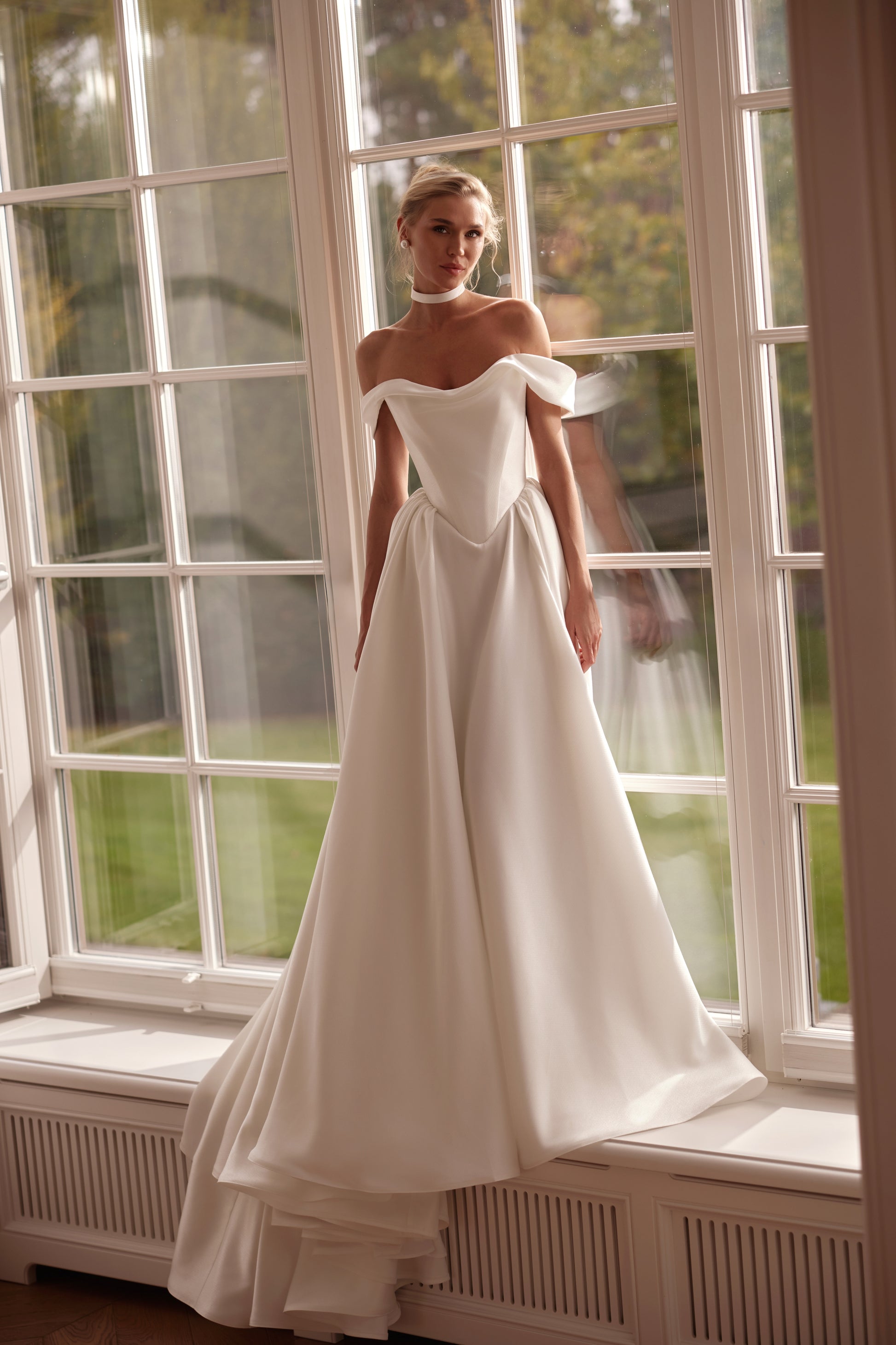 Off-Shoulder Mikado Wedding Dress with Folded Neckline and Corset Back | Elegant Structured A-Line Bridal Gown - MADE TO MEASURE Off-Shoulder Mikado Wedding Dress with Folded Neckline and Corset Back | Elegant Structured A-Line Bridal Gown - MADE TO MEASURE