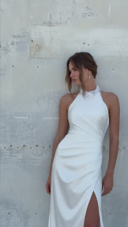 Satin Halter Wedding Dress with Open Back and High Slit