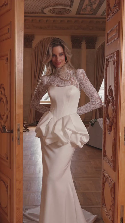 Soft Satin Mermaid Wedding Dress with Peplum Corset and Lace Bolero