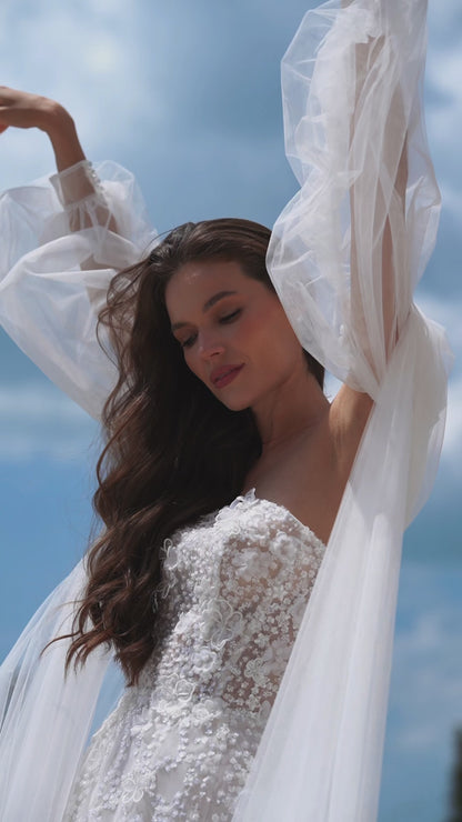 Mini A-line lace wedding dress with Watteau train and sleeveless