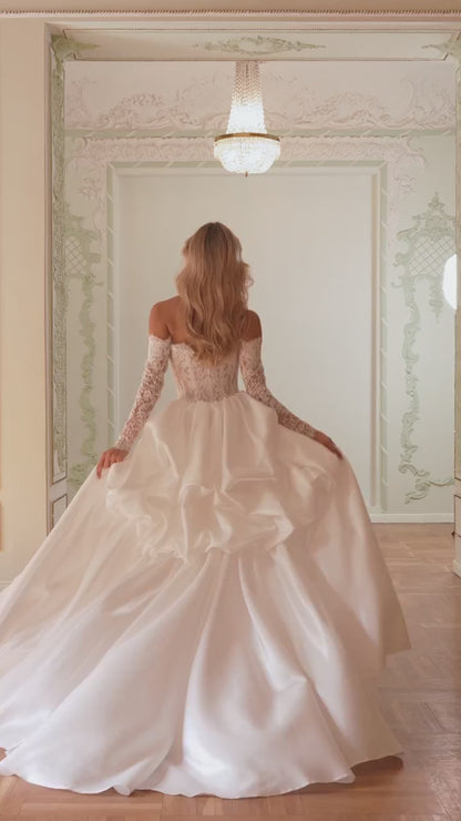 Strapless Lace Mermaid Wedding Dress with Long Sleeves and Detachable Satin Train