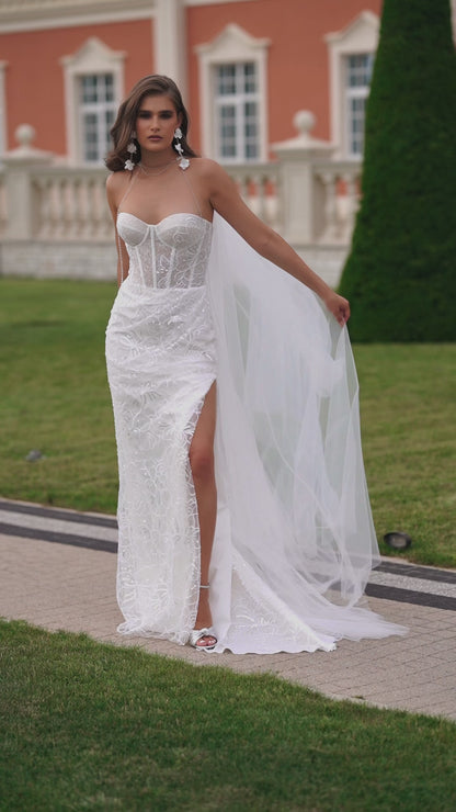 Sheath lace wedding dress with corset, sweetheart neckline.