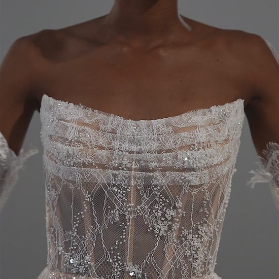 Strapless lace mini wedding dress with flared skirt – video