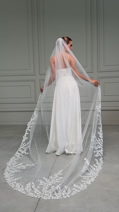 One-Layer Veil with Lace Appliques and Embellished Train - video