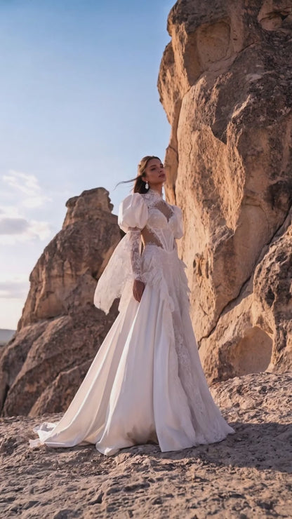 A-Line Lace Wedding Dress with Taffeta Puff Sleeves and Lace Frills